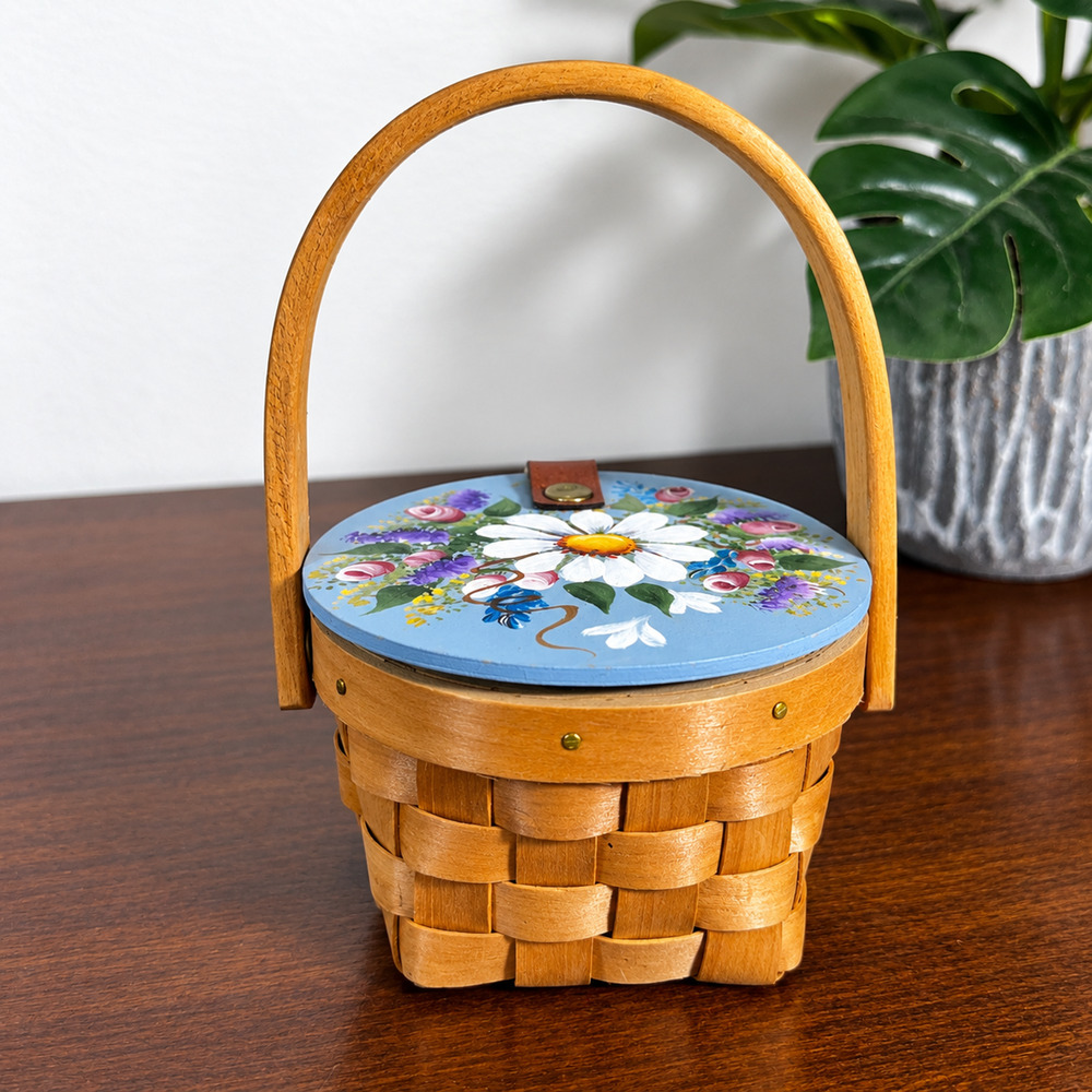Small Handmade Basket Floral Painted Lid Country Cottage Farm